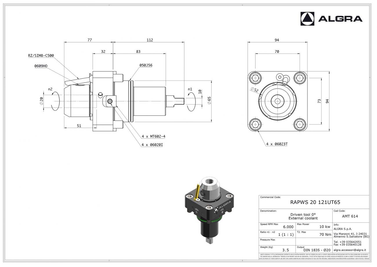 Algra End Mill holder 20mm external coolant